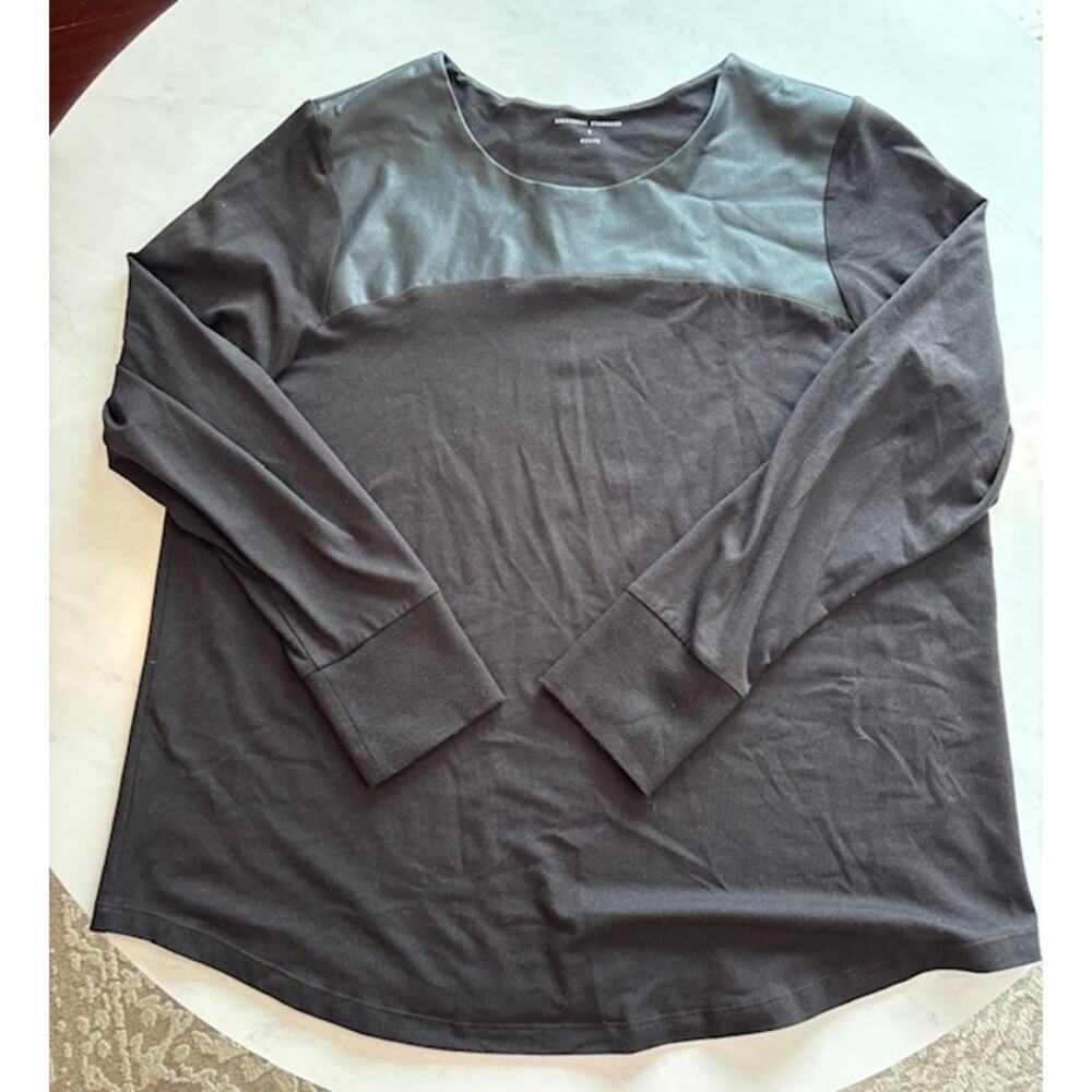 UNIVERSAL STANDARD Black long sleeve top with faux leather design; Size S Petite